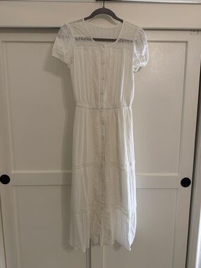 American Eagle White Button-Front Midi Dress with Lace Trim